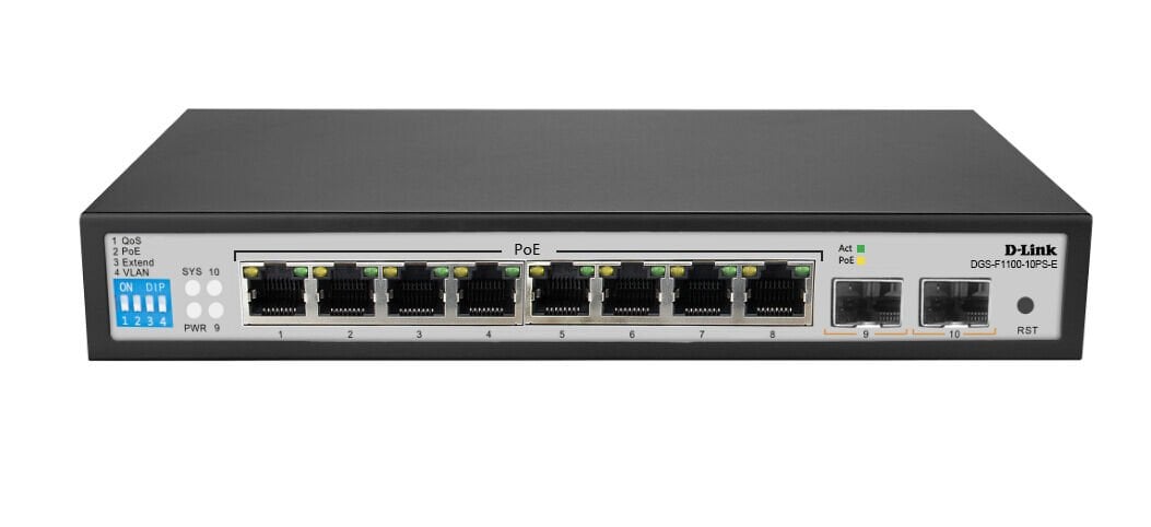 D-LINK DGS-F1100-10PS-E/E 10-port 10/100/1000Base-T Long Range 250m PoE+ Smart Switch with 8 PoE ports, 2 SFP ports, 96W PoE Power budget,  (802.3af/802.3at support), EU plug