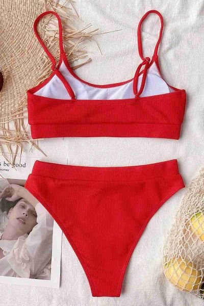 Angelsin Yüksek Bel Fitilli Kumaş BiKini Altı Kırmızı