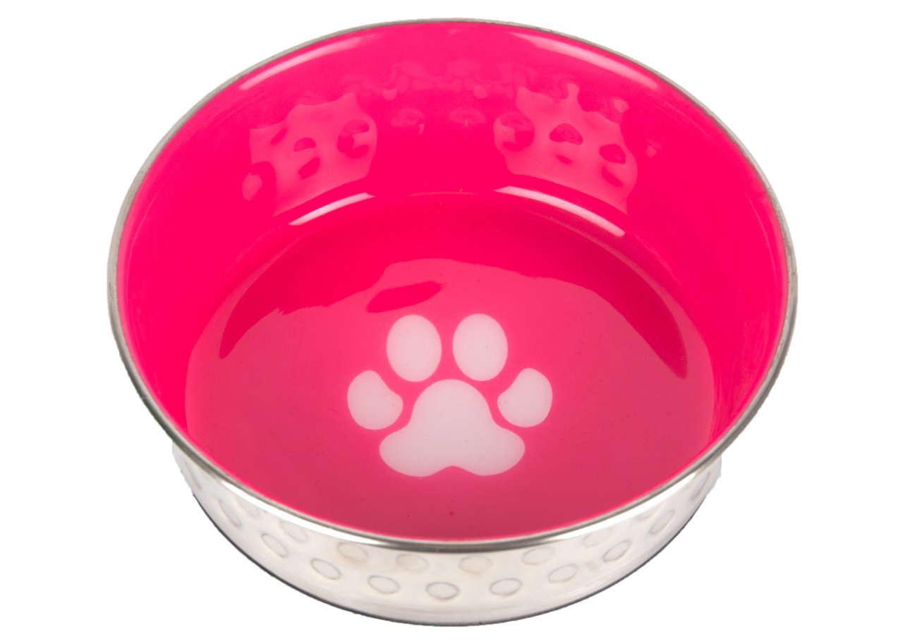 Pet Bowl SS/Hot Pink with rubber Base and Pawprint 17,5cm - 700ml