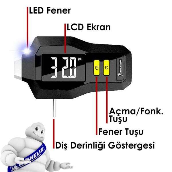 Michelin MC12293 99PSI Dijital Lastik Basınç ve Derinlik Ölçer