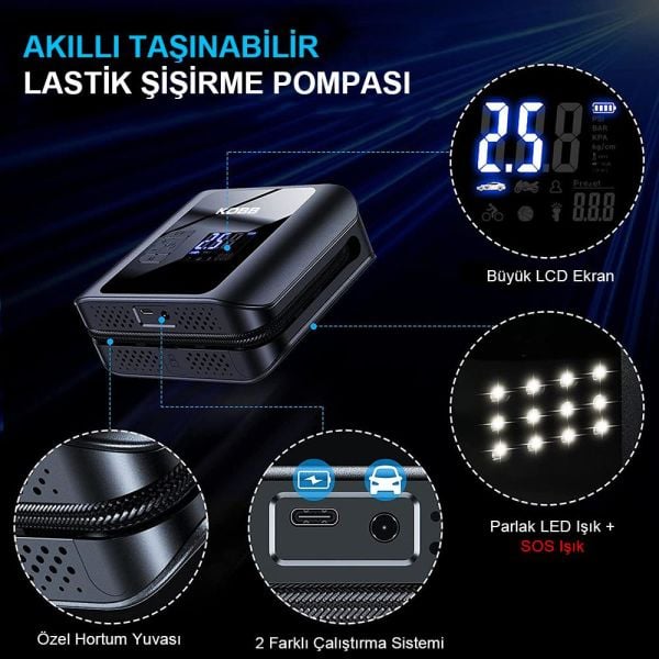 KOBB KB420 Şarjlı Dijital Led Aydınlatmalı Lastik Şişirme Pompası + SOS