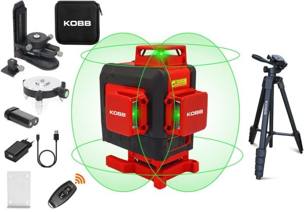 KOBB KBL35GTP Şarjlı 4X360⁰ Otomatik Hizalamalı Yeşil Çapraz Çizgi Lazer Distomat + Uzaktan Kumanda + Tripod