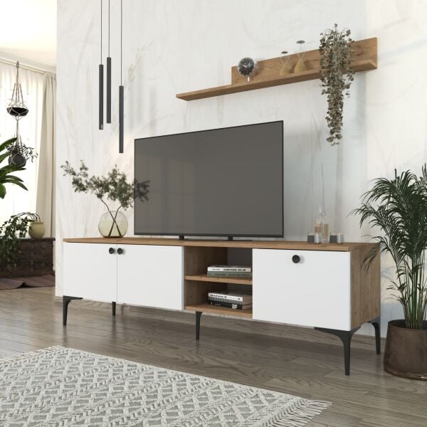 Motto Raflı Tv Ünitesi 180 cm , Meşe (Sepet) - Beyaz