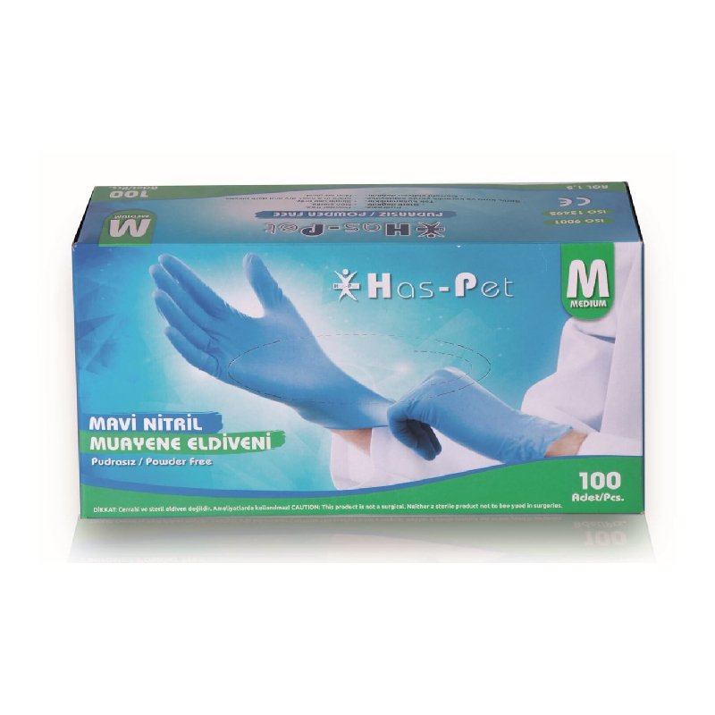 Has-Pet Mavi Pudrasız Nitril Muayene Eldiveni (Medium) 100'lü x 20 Paket - 1 Koli