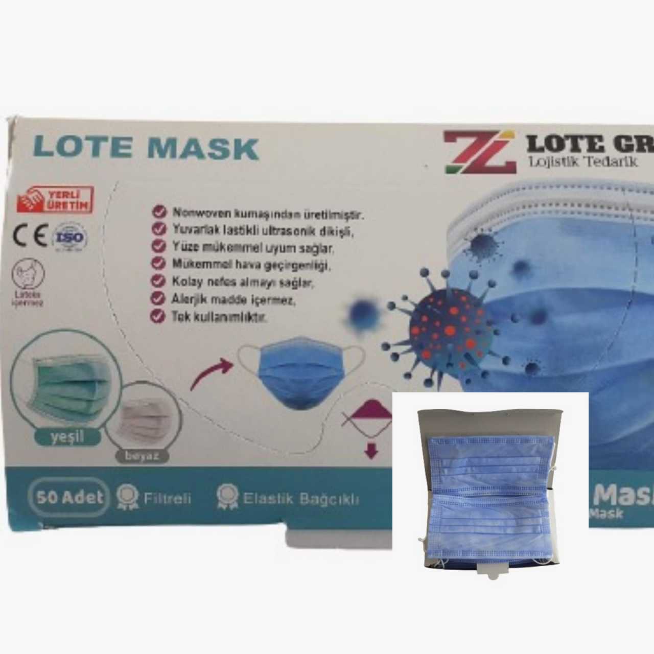 Lote Maske  3 (Üç) Katlı Lastikli Cerrahi Bez Ağız Burun Maskesi 50'li Paket-10'lu Kutu-Mavi