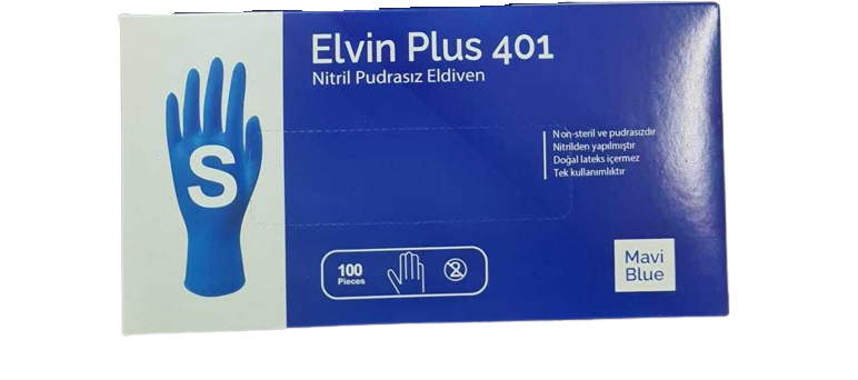 Elvin Plus 401 Mavi Pudrasız Nitril Muayene Eldiveni (Small) 100'lü Pk
