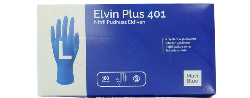 Elvin Plus 401 Mavi Pudrasız Nitril Muayene Eldiveni (Large) 100'lü x 10 Pk - Koli