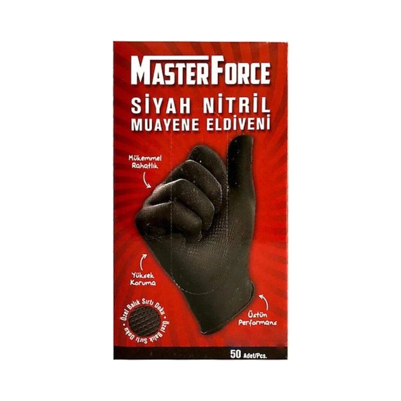 MasterForce Siyah Pudrasız Nitril (Medium) Muayene Eldiveni 50'li x 20 Paket - 1 Koli