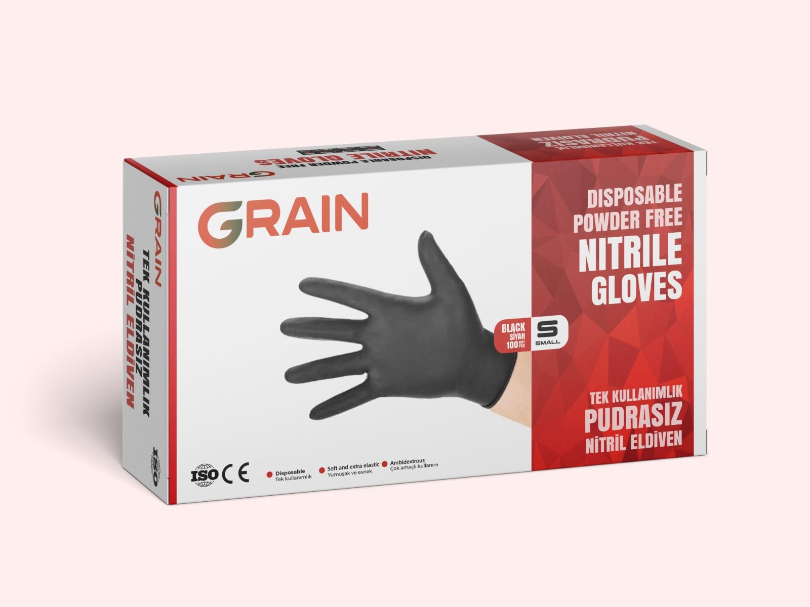 GRAIN Pudrasız Siyah Nitril Muayene Eldiveni (Large) 100'lü Paket