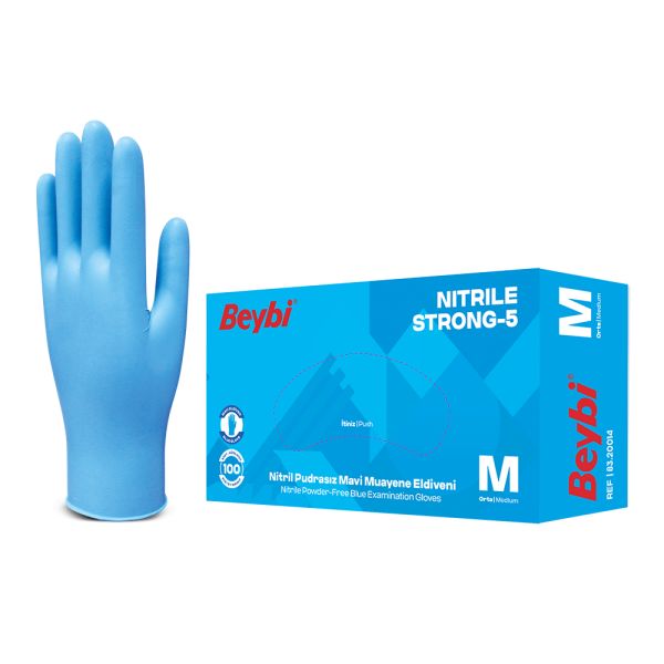 Beybi Strong-5 Mavi Pudrasız Nitril Muayene Eldiveni (Medium) Paket