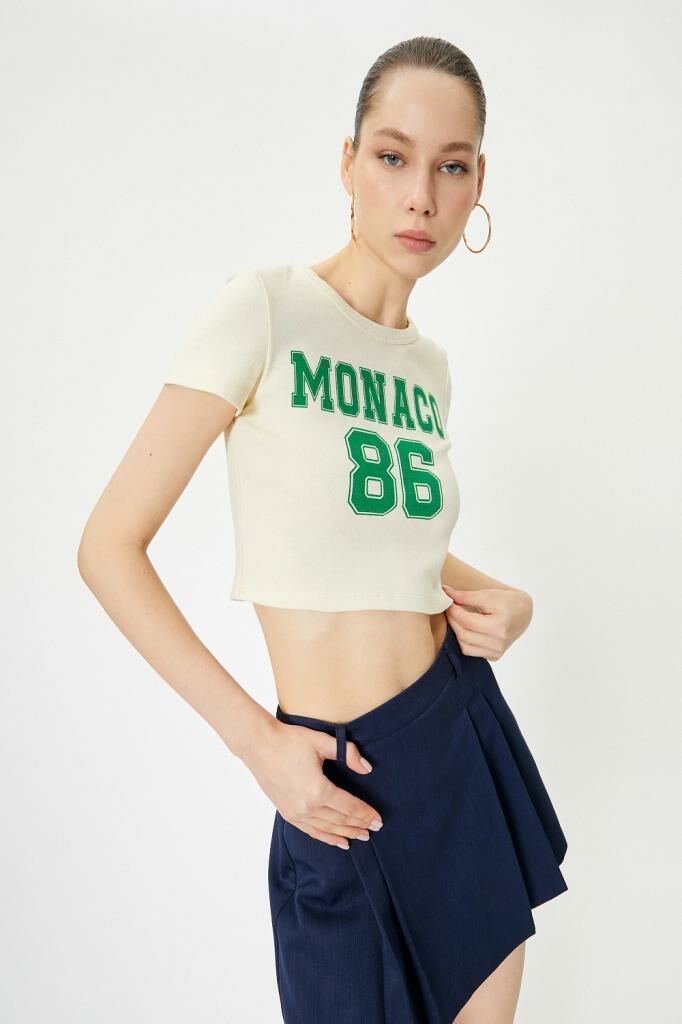 Koton Crop Monaco Tişört Kısa Kollu Bisiklet Yaka Pamuklu Slim Fit