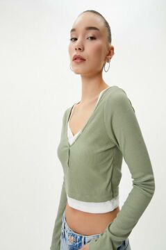Koton Katlı Crop Tişört Çift Yaka Renk Kontrastlı Uzun Kollu Ribanalı