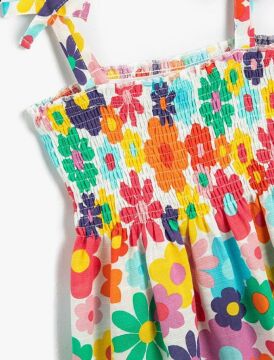 Koton Kız Çocuk İnce Askılı Fiyonk Detaylı Lastikli Çiçek Baskılı Midi Elbise Pamuklu