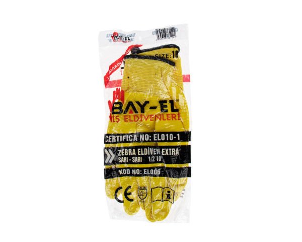 BAY-EL EL006 No:10 Sarı 1/2 Nitril Kaplı Zebra Örme Sarı Extra Naylon Eldiven