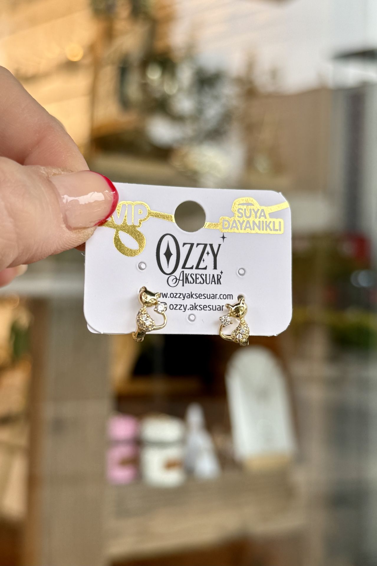 VIP Taşlı Kedi Model Halka Küpe 14K