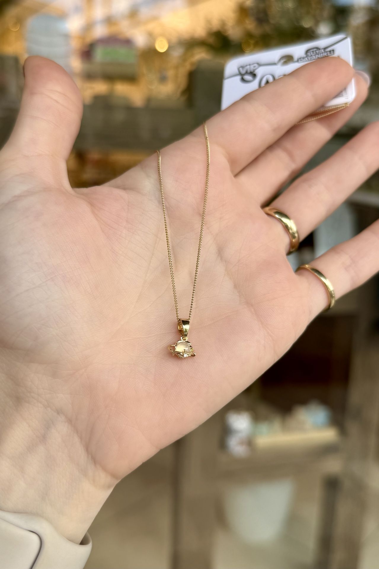VIP Krem Sedefli Satürn Kolye 45 cm 14K