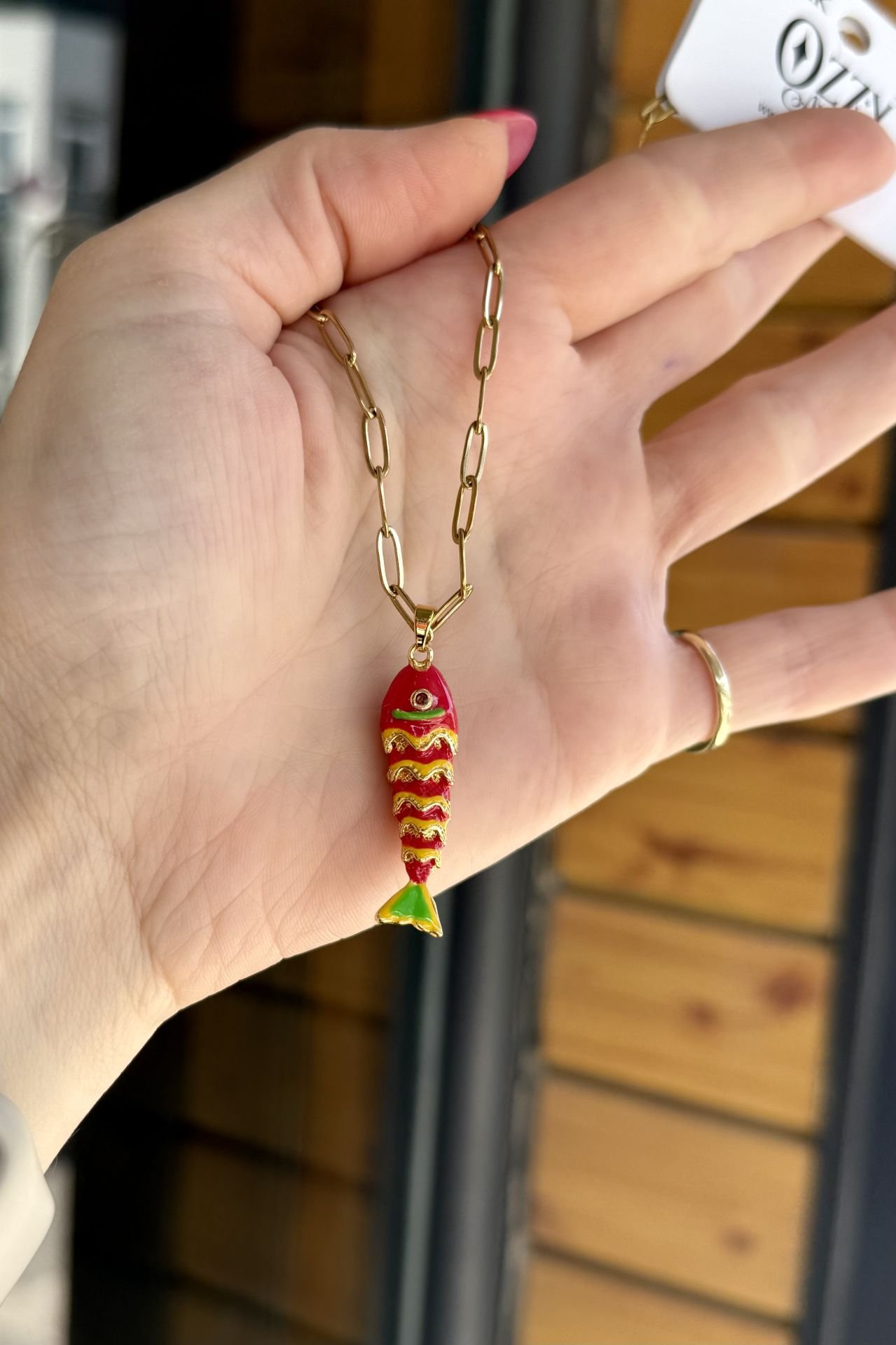 Oval Zincir Mineli Balık Model Çelik Kolye 45 cm Kırmızı