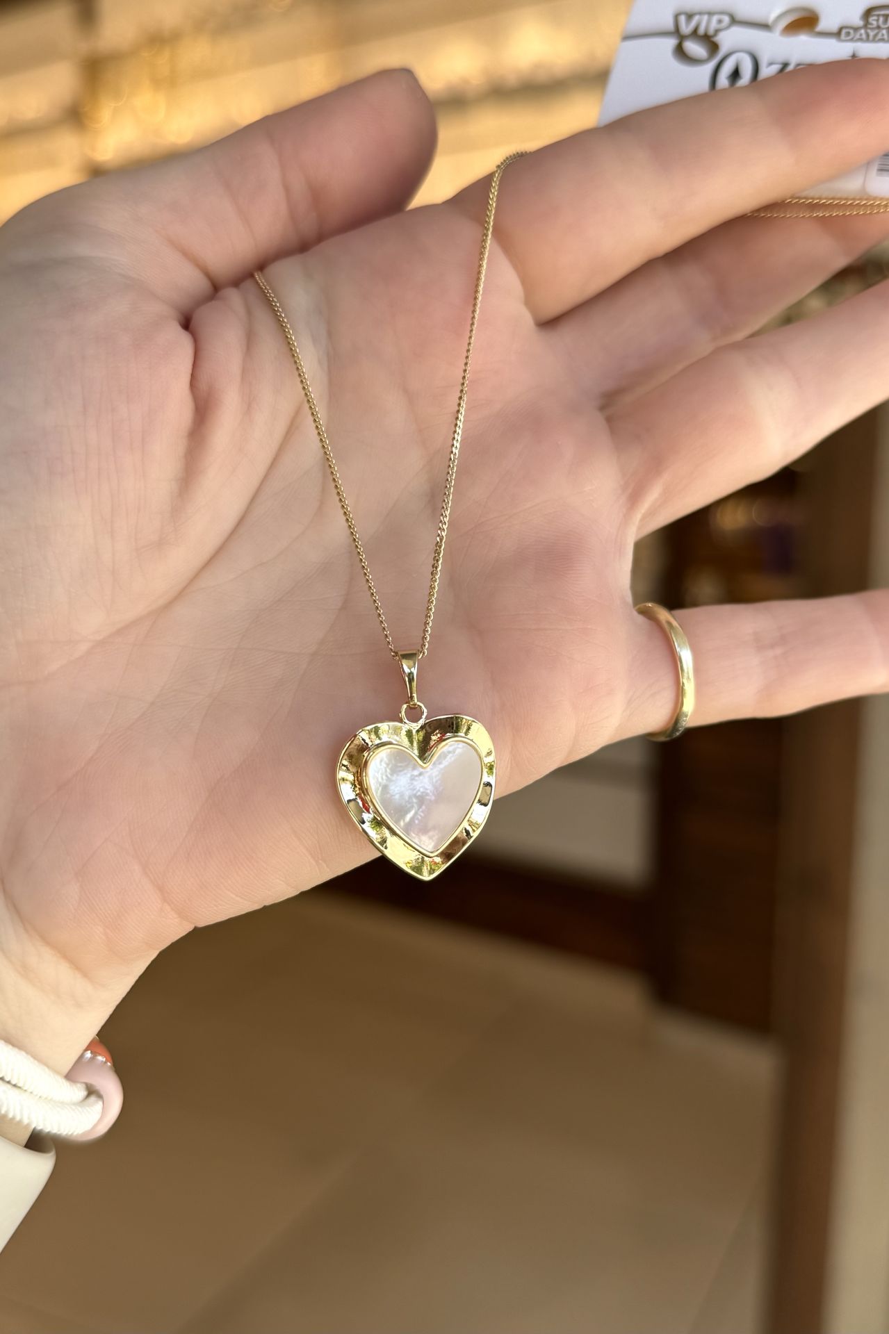 VIP Gerçek Sedefli Plaka Üzeri Kalp Model Kolye 45 cm 14K