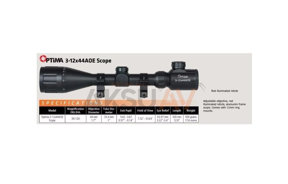 Optima 3-12x44 AOE Çizgi Mildotlu Tüfek Dürbünü (Yenilenmiş Versiyon V2)