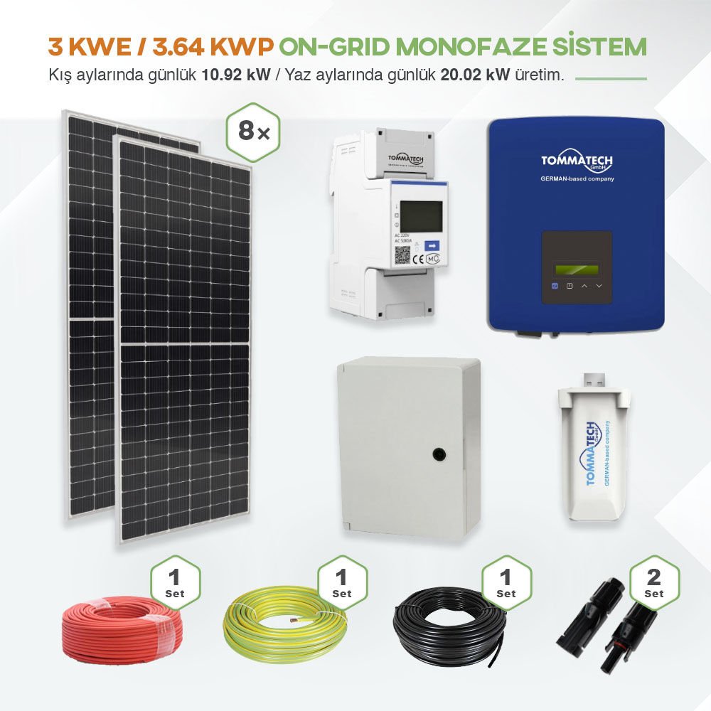 3 kWe / 3.64 kWp ON-GRID Monofaze Solar Paket Sistem