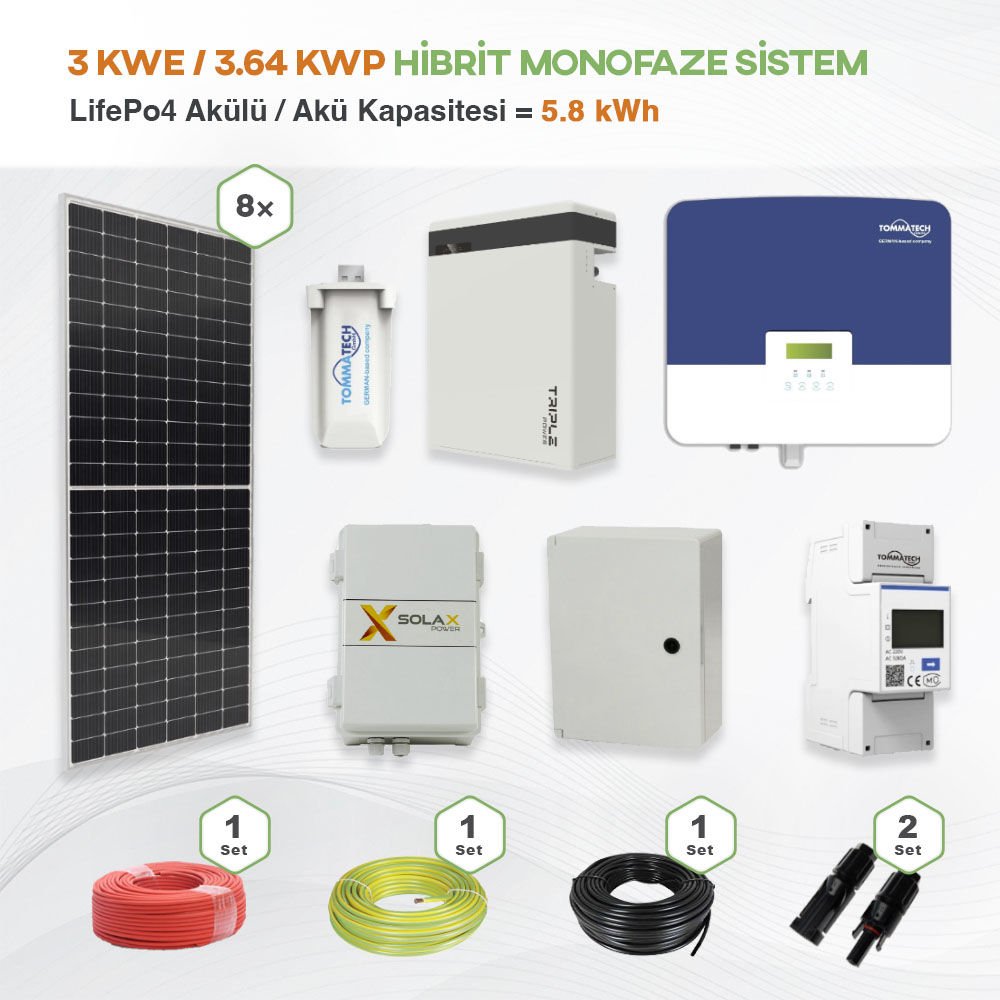 3 kWe / 3.64 kWp Hybrid Monofaze Solar Paket Sistem - LifePo4 Akü Kapasitesi 5,8 kWh