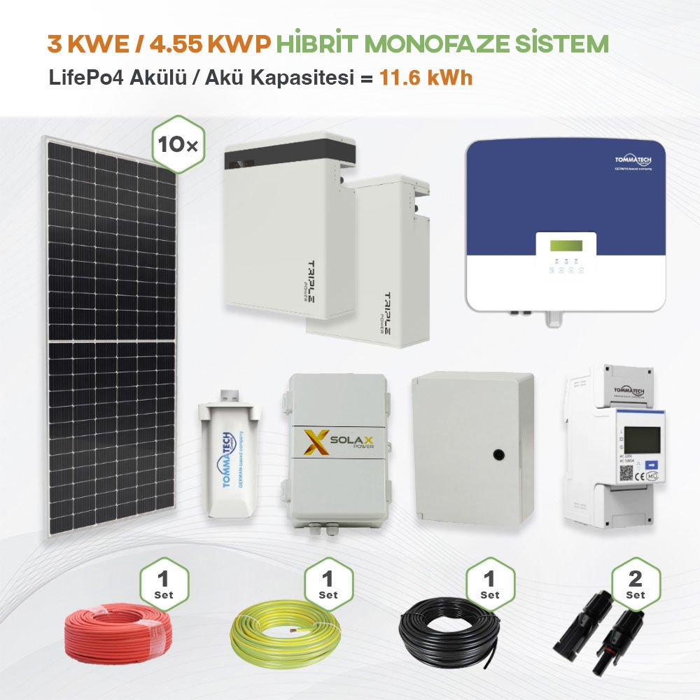 3 kWe / 4.55 kWp Hybrid Monofaze Solar Paket Sistem - LifePo4 Akü Kapasitesi 11,6 kWh