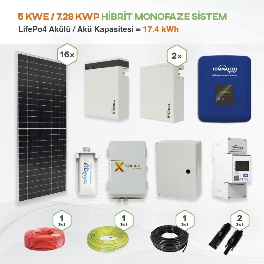 5 kWe / 7.28 kWp Hybrid Monofaze Solar Paket Sistem - LifePo4 Akü Kapasitesi 17,4 kWh