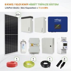 8 kWe / 10.01 kWp Hybrid Trifaze Solar Paket Sistem - LifePo4 Akü Kapasitesi 11,6 kWh