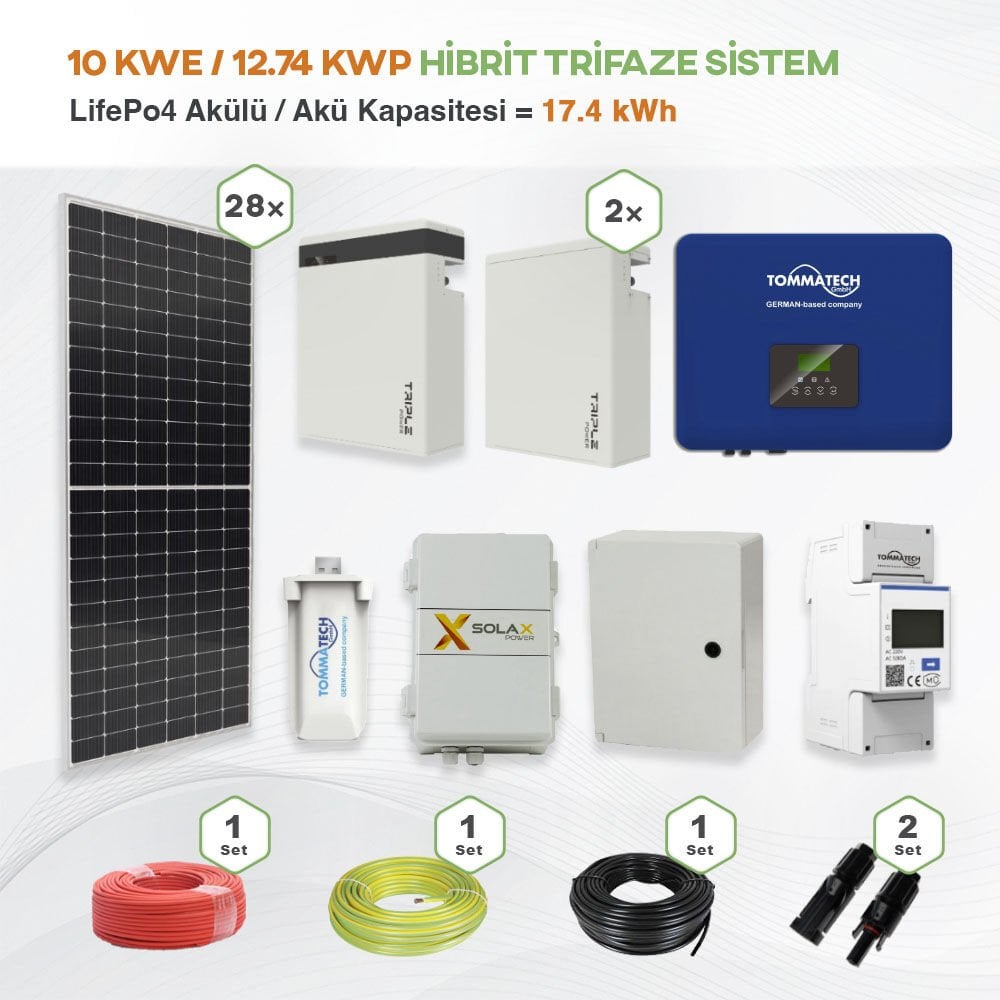 10 kWe / 12.74 kWp Hybrid Trifaze Solar Paket Sistem - LifePo4 Akü Kapasitesi 17,4 kWh