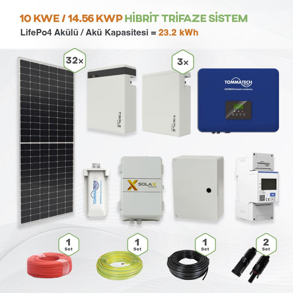 10 kWe / 14.56 kWp Hybrid Trifaze Solar Paket Sistem - LifePo4 Akü Kapasitesi 23,2 kWh