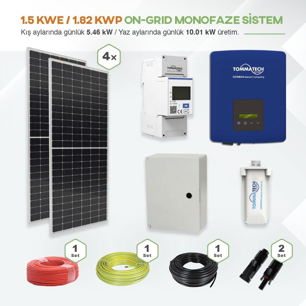 1.5 kWe / 1.82 kWp ON-GRID Monofaze Solar Paket Sistem