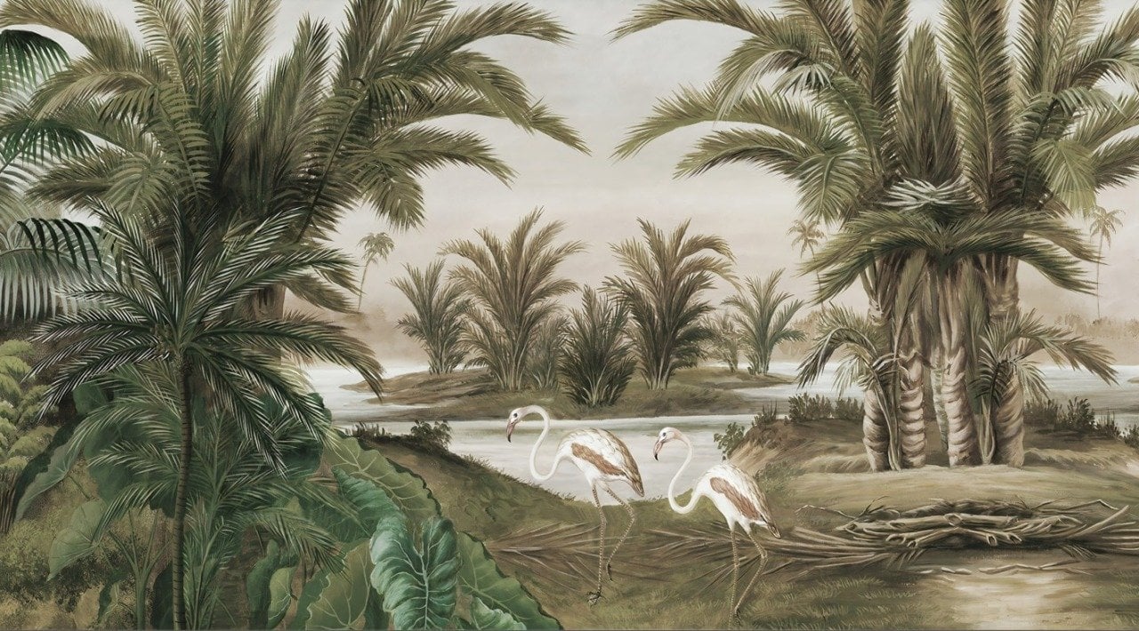Flamingo ve Palmiye Temalı Duvar Kağıdı