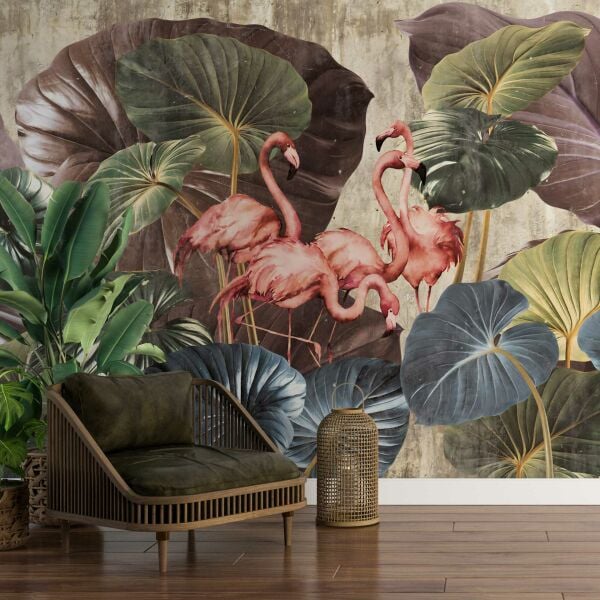 Renkli Yapraklar Önünde Flamingolar Duvar Kağıdı