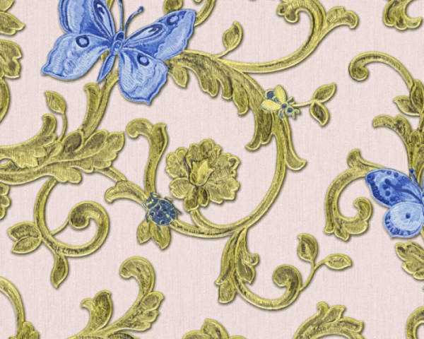 Bej Zemin Üzerine Gold Desen Mavi Kelebekli Versace Duvar Kağıdı