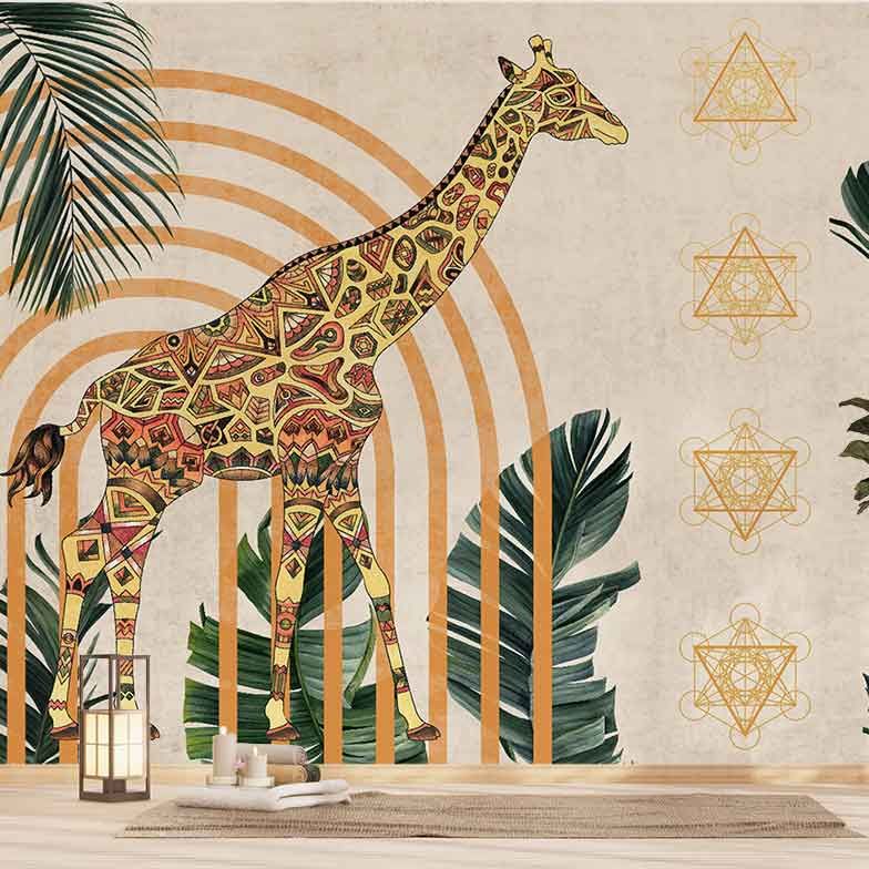 Etnik Desenli Zürafa Ve Çakralar Duvar Kağıdı
