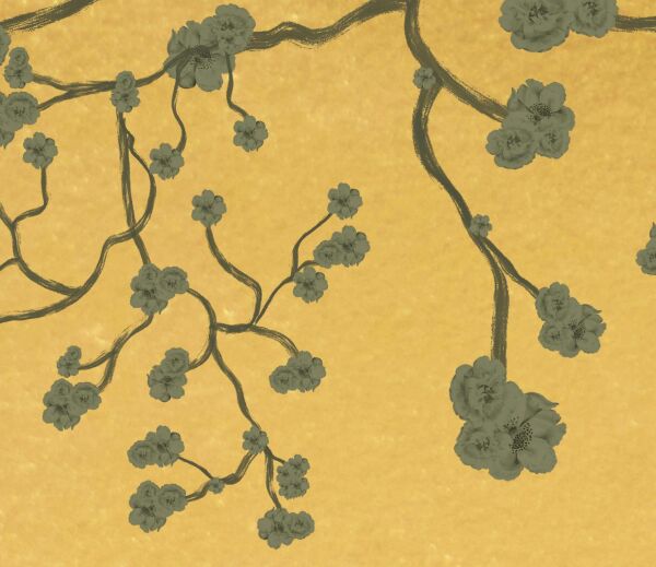 Gold Zemine Çiçek Açmış Ağaç Silueti Duvar Kağıdı
