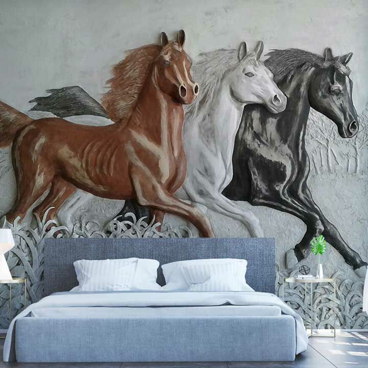 Üç Boyutlu Atlar Beyaz Kahve Siyah Duvar Kağıdı
