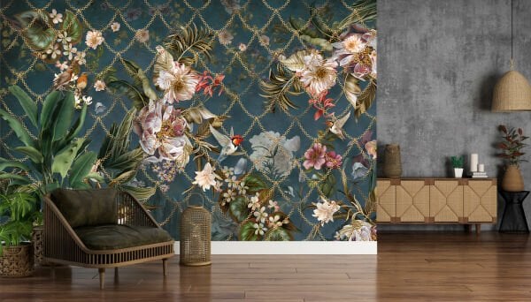 Manolya Çiçekleri Minik Kuşlar Altın Zincir Detaylı Duvar Kağıdı