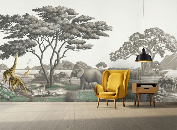 Ormanda Filler Sarı Zürafalar Tasarım Duvar Kağıdı