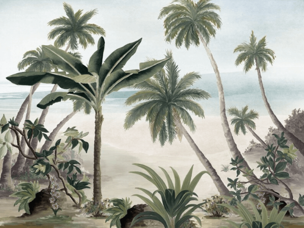 Suluboya Efektli Tropik Ada Ve Ağaçlar Duvar Kağıdı