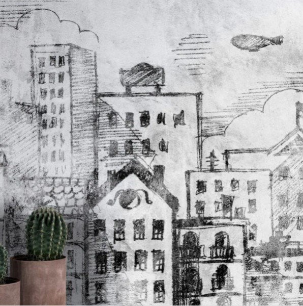 Siyah Beyaz Çizimli Şehir Binalar Duvar Kağıdı