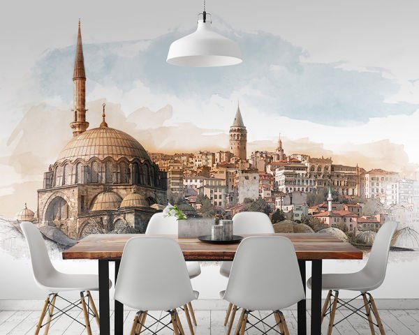 İstanbul Ve Camii Çizim Duvar Kağıdı