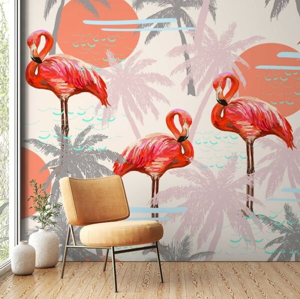 Nar Çiçeği Pelikanlar Tasarım Duvar Kağıdı