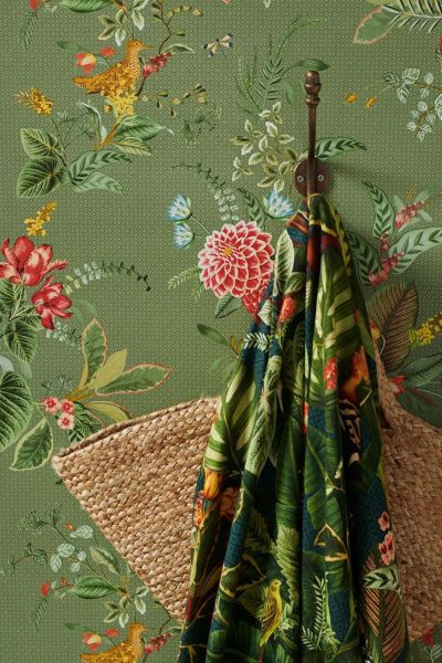 Botanik Tasarım Yeşil Zemin Florist Duvar Kağıdı