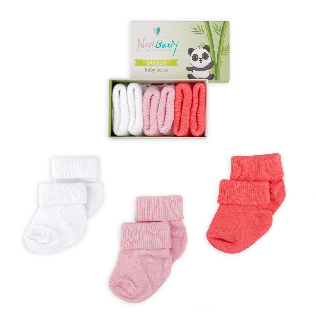 Novibaby 3'lü Bambu Bebek Çorap I Rose I 0-6 ay I Yenidoğan Kız Erkek Bebek Çorabı