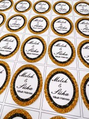 Yapışkanlı İsim Etiketi 3,5 x 4.5 cm Gold Siyah 30 Adet  Kına - Söz - Nişan - Nikah - Bebek Etiketi