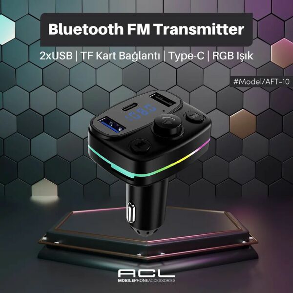 Acl - AFT-10 Wireless 1A USB TF Kartlı Araç İçi RGB Işıklı FM Transmitter