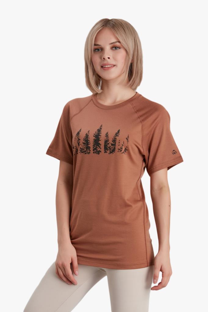 Woolnat Merino Ağaç Baskılı Kısa Kol Kadın Tshirt