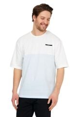 Oversize Beyaz/Mavi Erkek Jakarlı Bisiklet Yaka Kısa Kollu T-Shirt