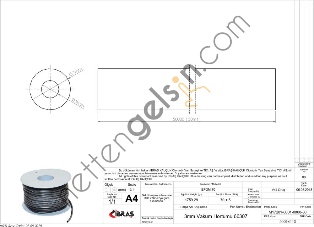 IBRAS 14110 AVANS HORTUMU DOGAN SL 3MM (1 METRE) / (SU FISKIYE HORTUMU / 3MM VAKUM HORTUMU UNIVERSAL IBRAS 66307)  TOFAŞ BİNEK YEDEK SU DEPO HORTUMU